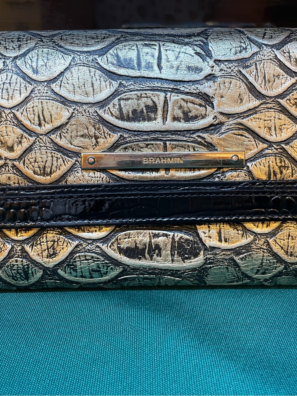 Beautiful Brahmin metallic croc embossed black trim wallet